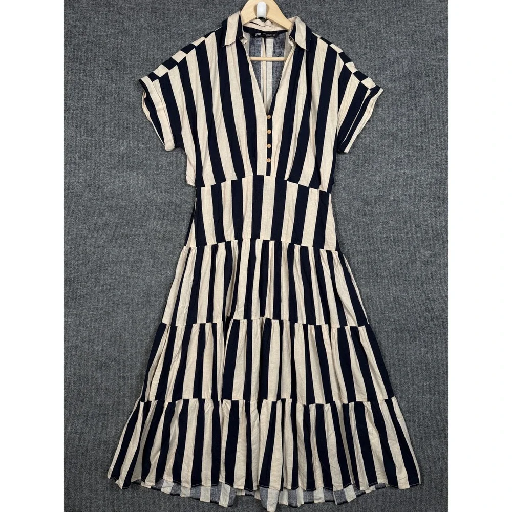 zara striped dress black and white Sz‎ Medium Shift Midi Linen Blend Tiered Vacation Begonia Ruched Dress –